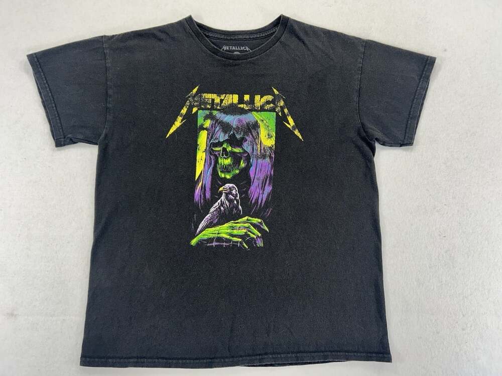 Metallica Grim Reaper Crow Graphic T-Shirt Size Large Black Band Tee Metal XS